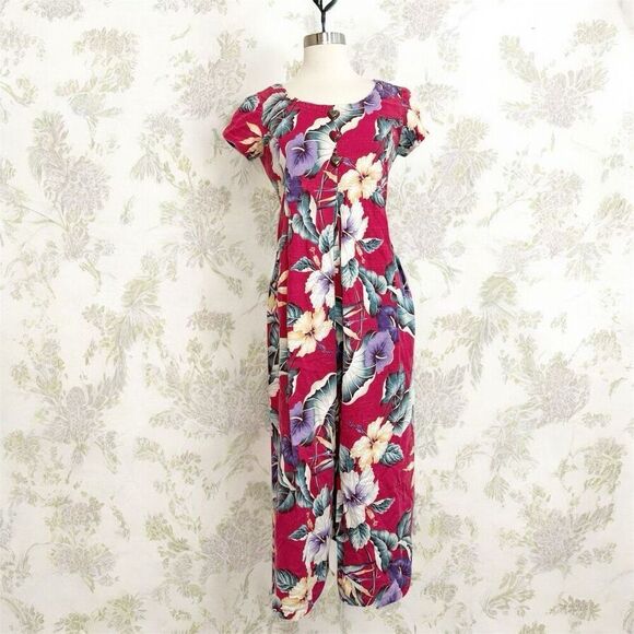 Vintage Red Floral Jumpsuit Cropped Blouse Wide Leg Medium - Picture 1 of 7